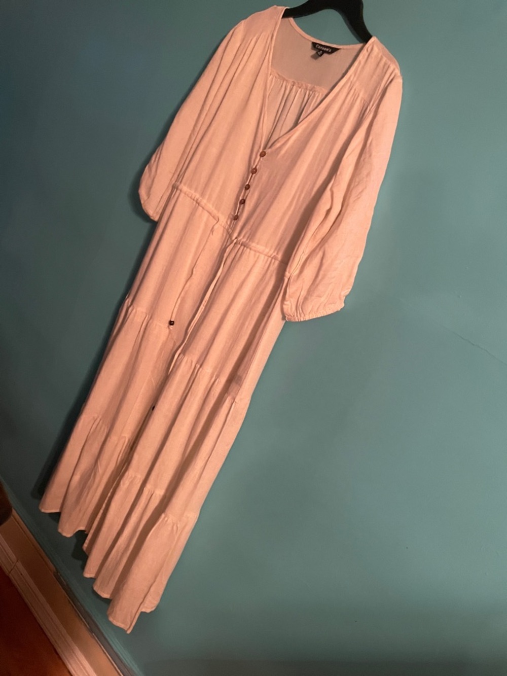 Cream Button-Down Maxi Dress with Drawstring Waist